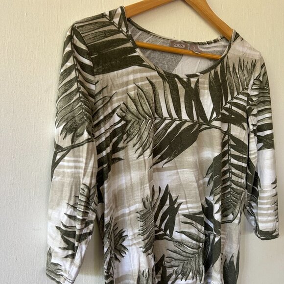 Chicos Top Womens Small Green Leaf Print 3/4 Sleeves Chicos 1 - Picture 2 of 6